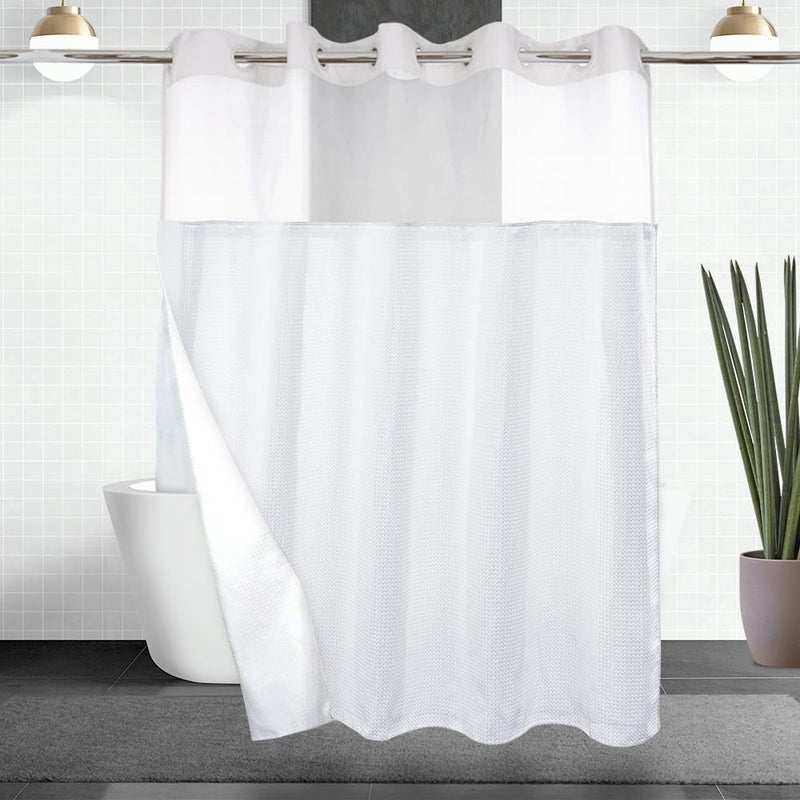 COMFECTO No Hook Shower Curtains Set with Snap in Liner, Light Filtering See Through Top, Hotel-Style Water Repellent, Machine Washable, 71x74 inch, White - Image 1